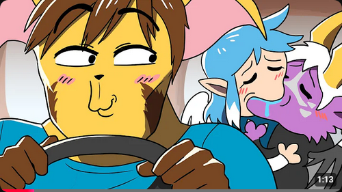 A Youtube preview thumbnail. Rhea is holding a steering wheel and is amused to see Kieri and Buwaro making out in the back seat.